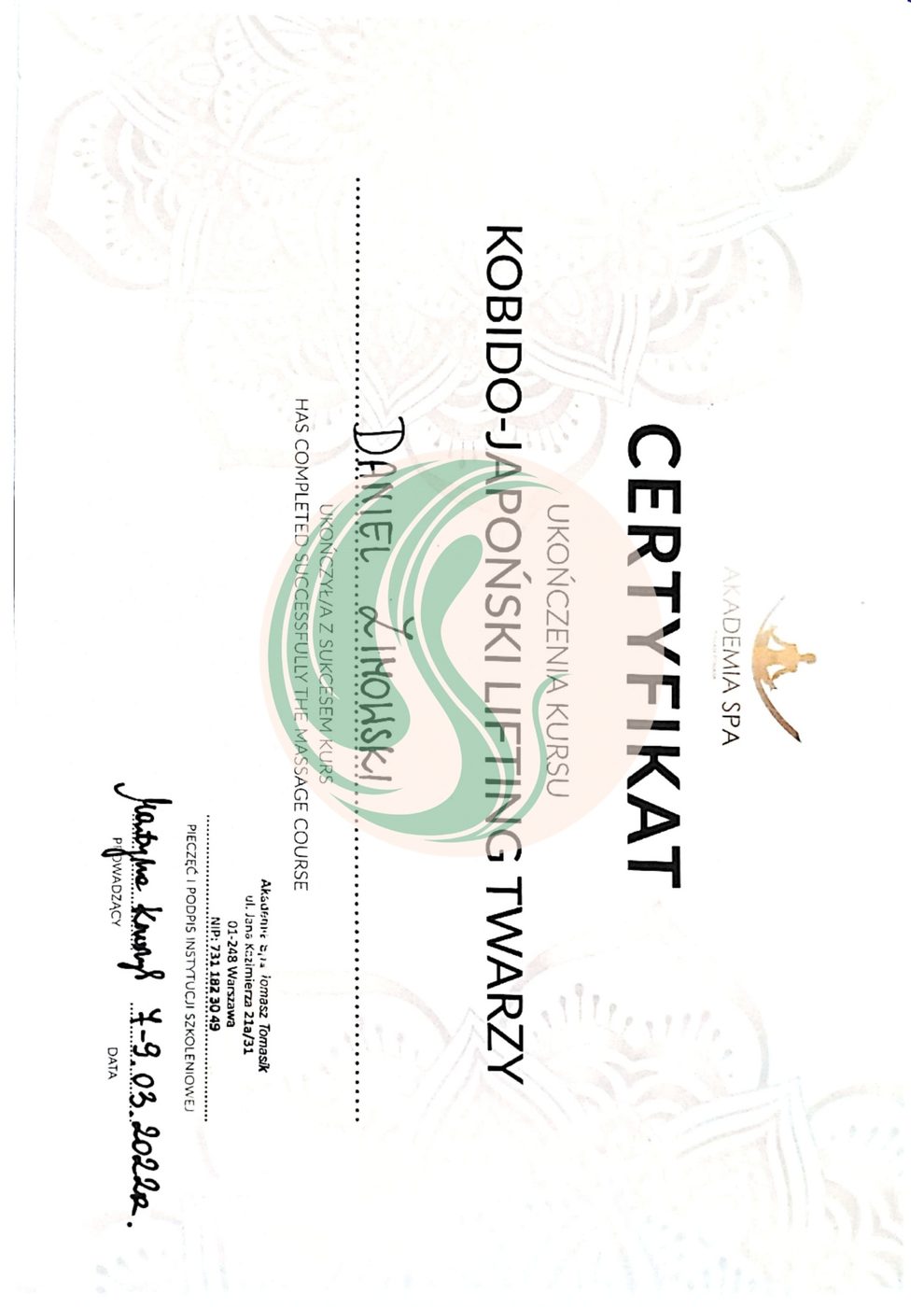 Certyfikat Kobido
